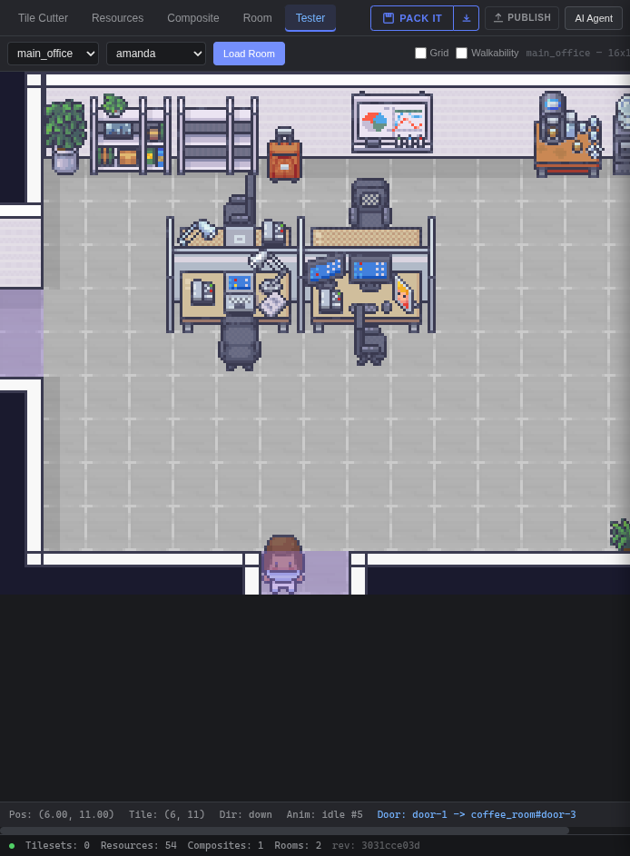 The OpenLore Studio editor: tabs across the top, a pixel office room on the canvas with desks and a character, and a status bar reading 54 resources, 2 rooms.